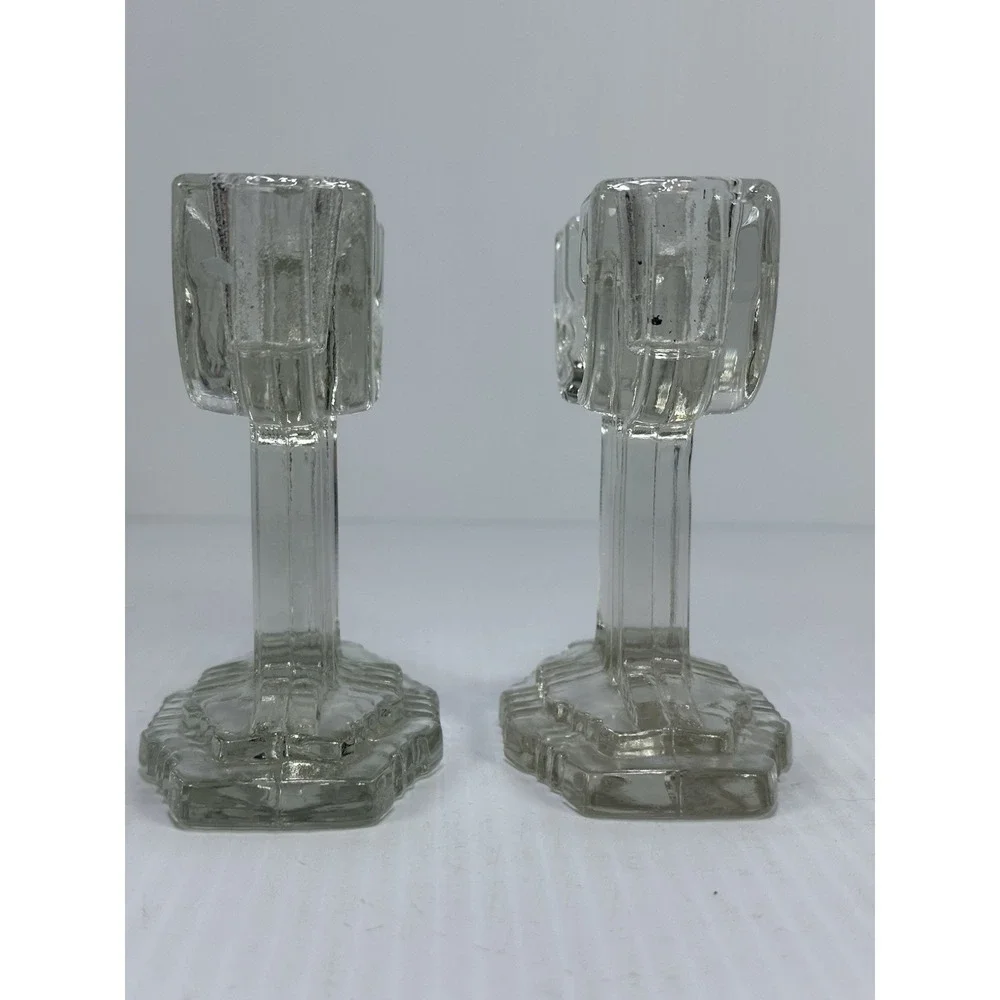 Vtg Pair Anchor‎ Hocking Art Deco Glass Candlestick Candle Holders QUEEN MARY